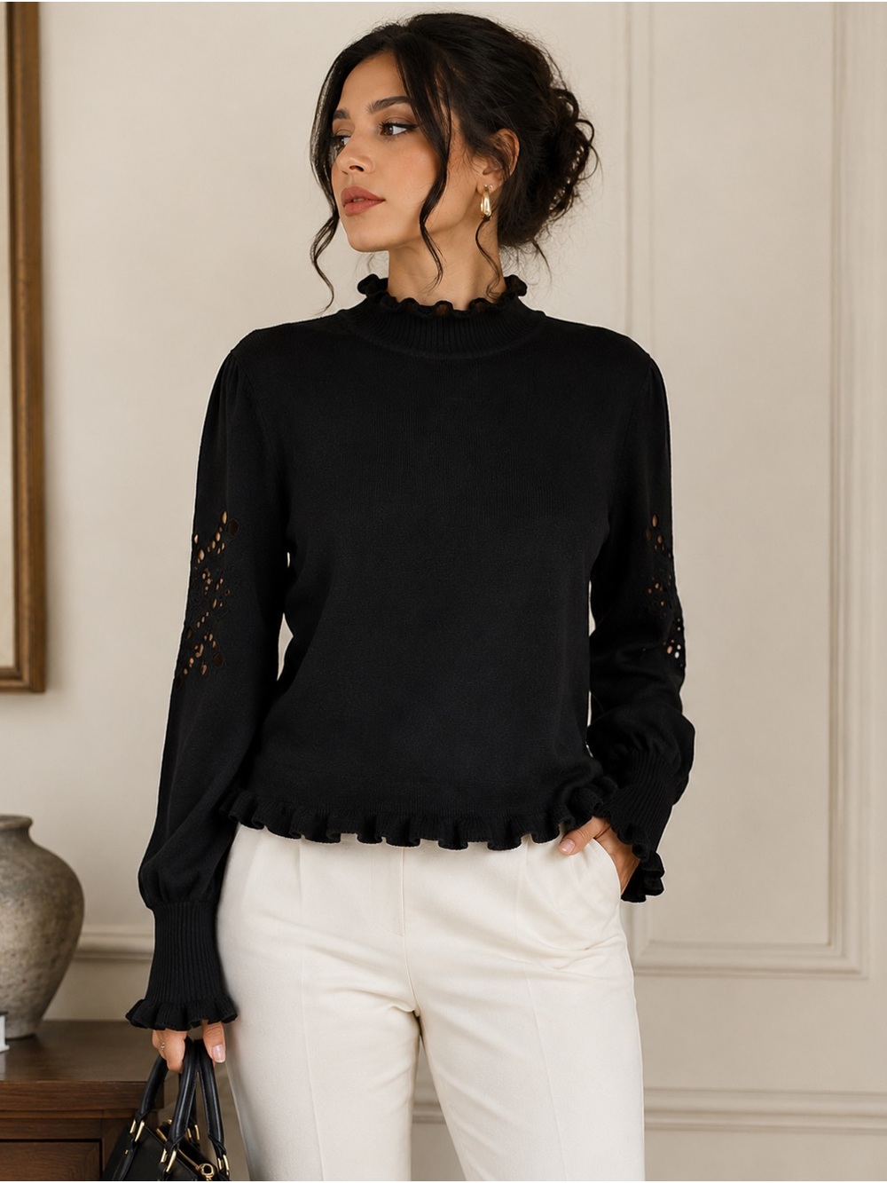 Joseph A. Black Ruffle Mock Neck Eyelet Cutout Sleeve Sweater XL Romantic Goth